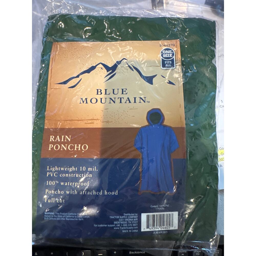 Blue Mountain rain poncho w/ attach hood full cut one-size-fits-all color Green